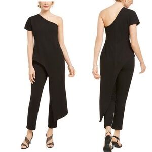 Adrianna Papell Women Black Asymmetrical One Shoulder Dressy Jumpsuit Sz 8